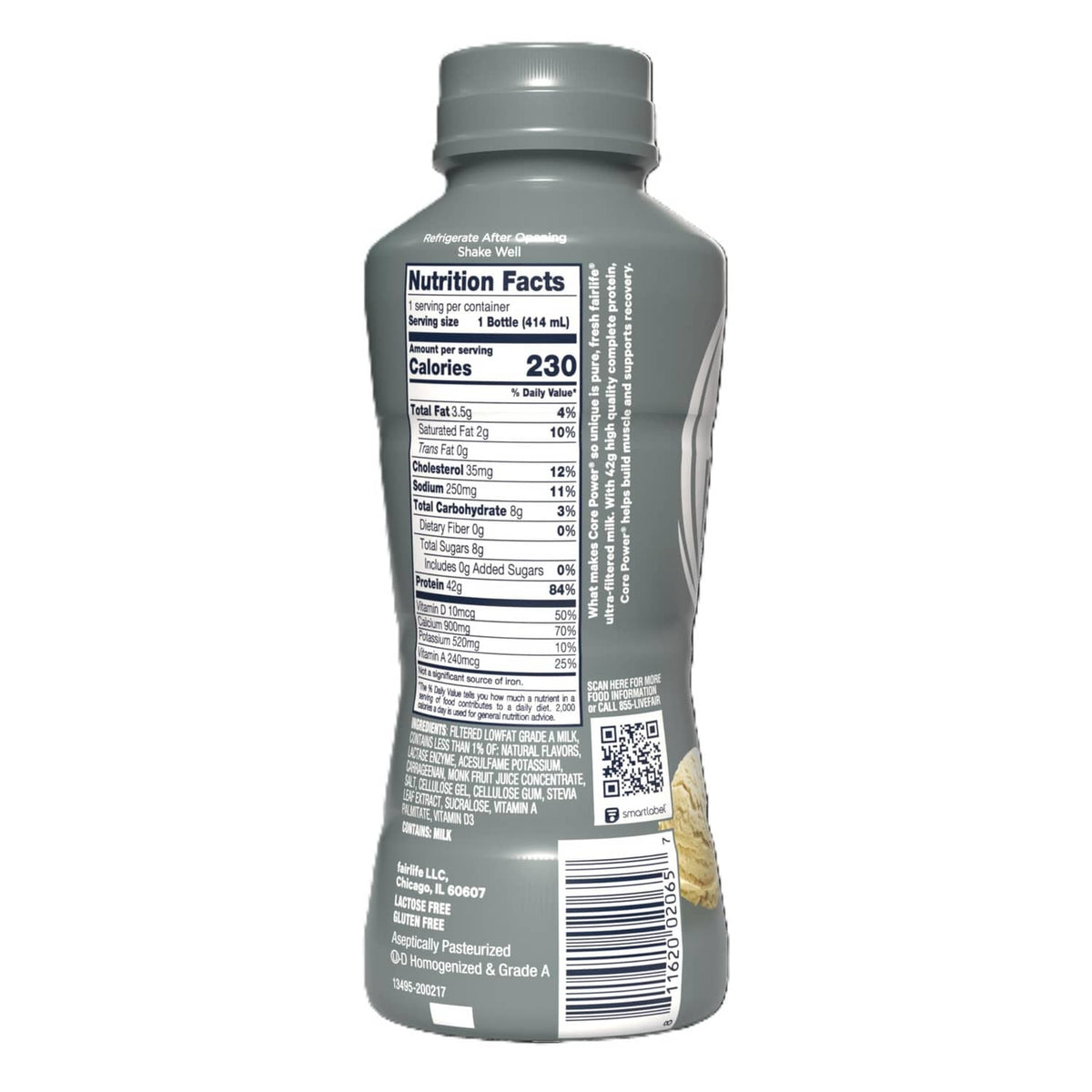 Back label of vanilla protein shake bottle with Nutrition Facts and barcode