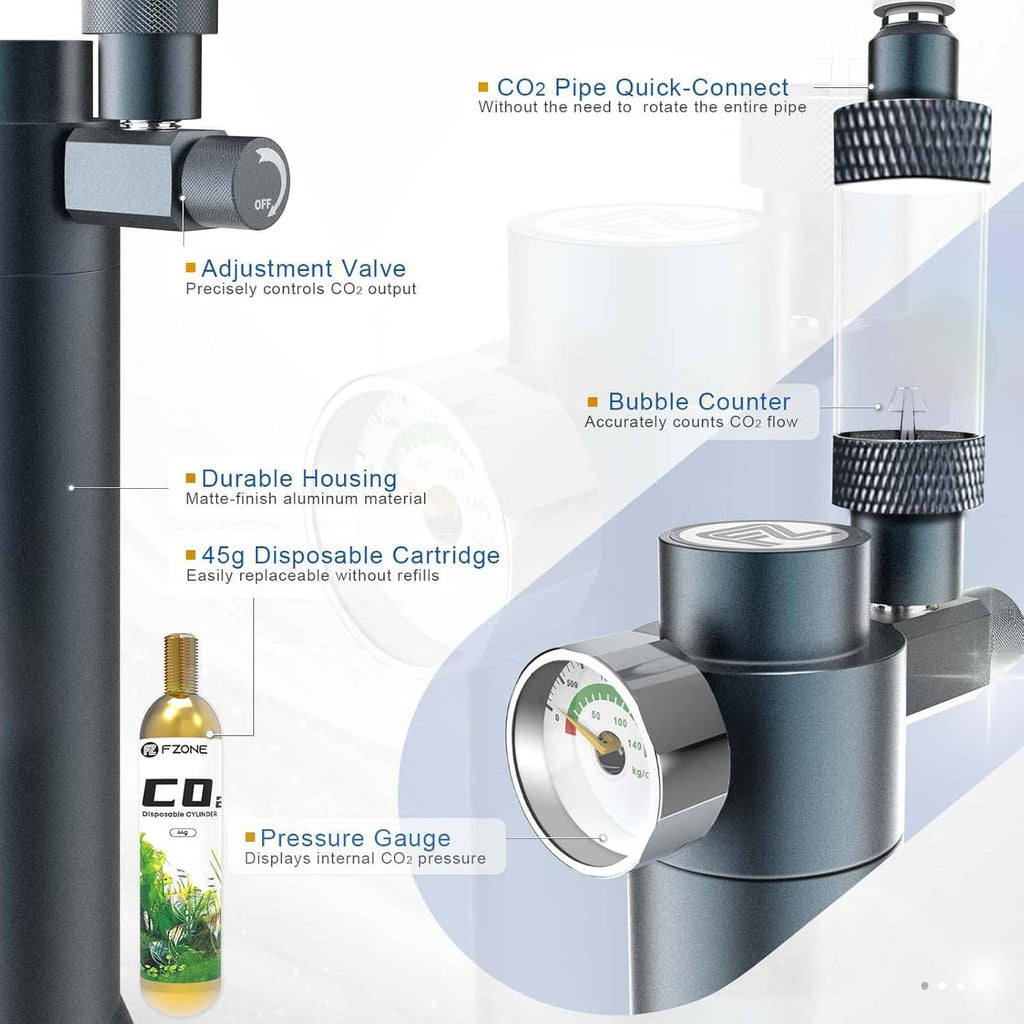 Desktop aquarium CO2 regulator with bubble counter and pressure gauge, plus disposable CO2 cartridge