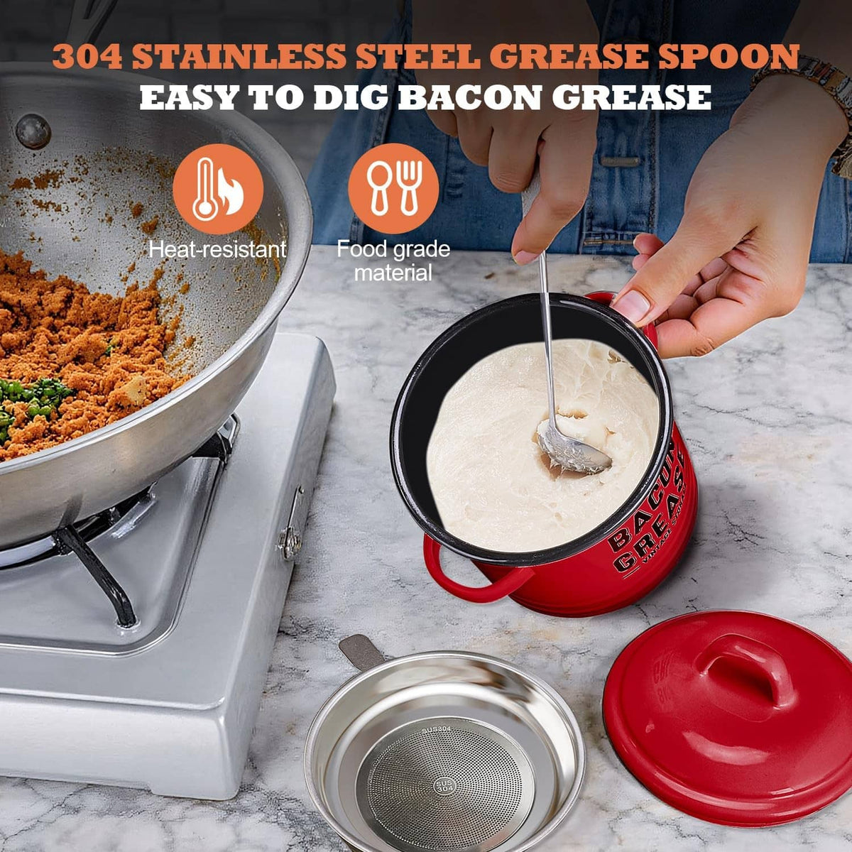 Red grease container with strainer and spoon; grease being scooped