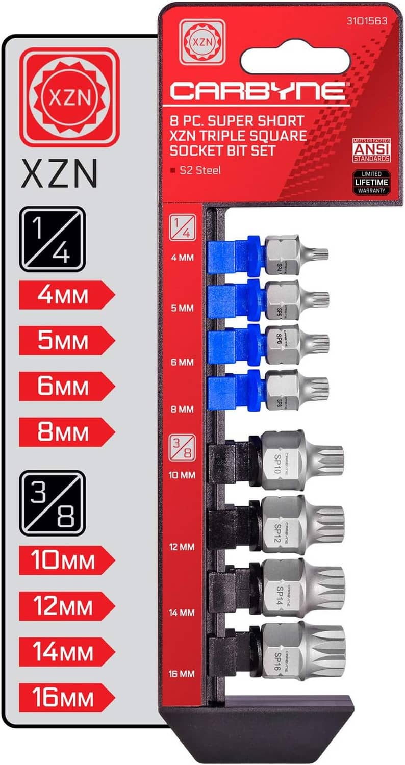 8-piece stubby XZN triple square bit socket set, steel, 4–16mm sizes shown