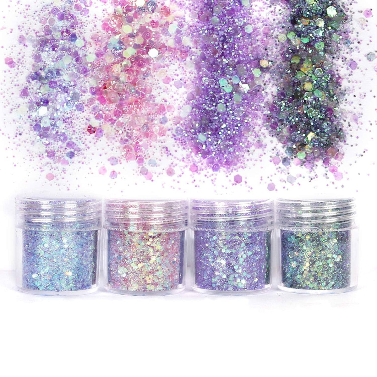 Purple and pink chunky glitter flakes with four clear jars in lavender and iridescent tones