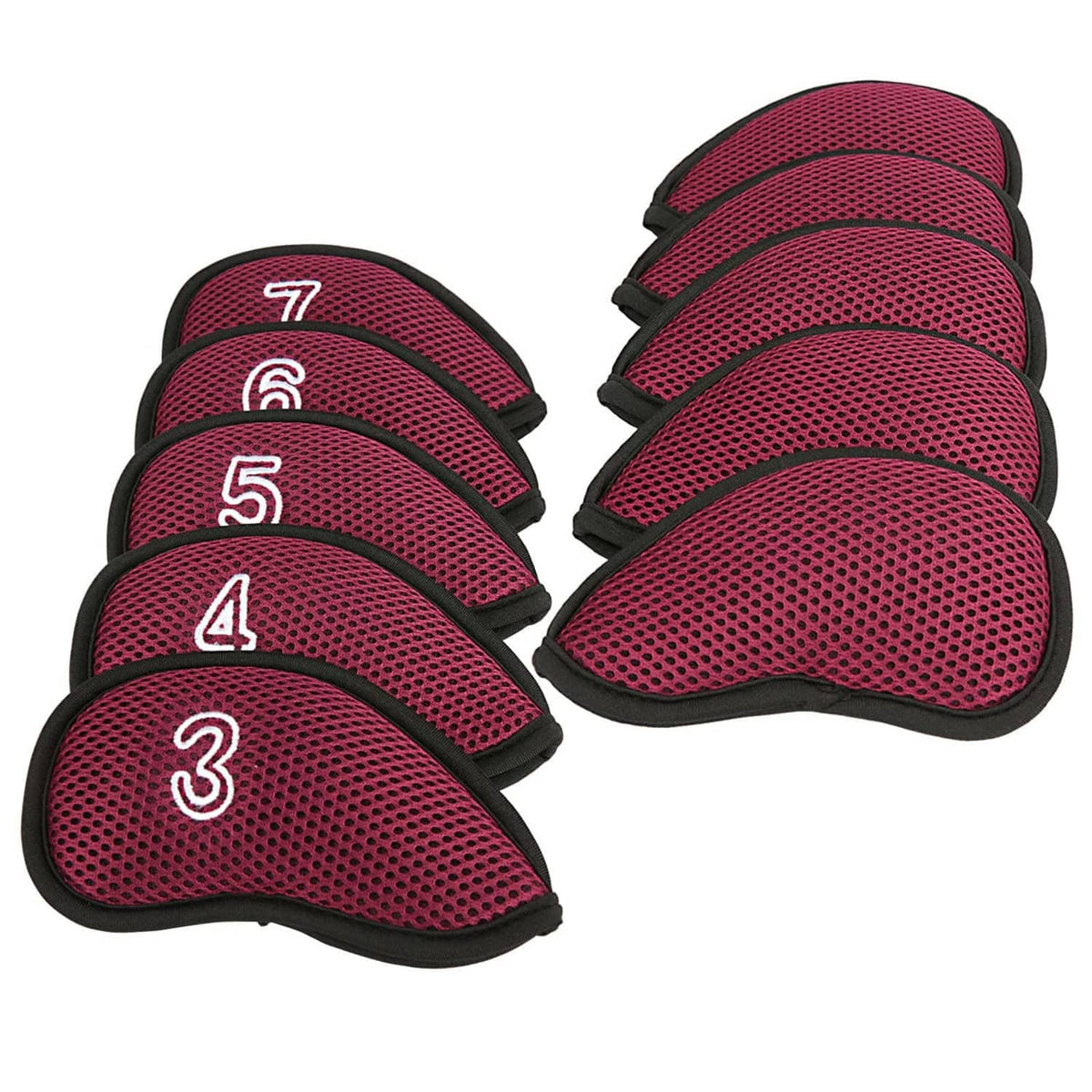 Wine red numbered golf iron head covers, right-hand mesh set, irons 3–7 stacked