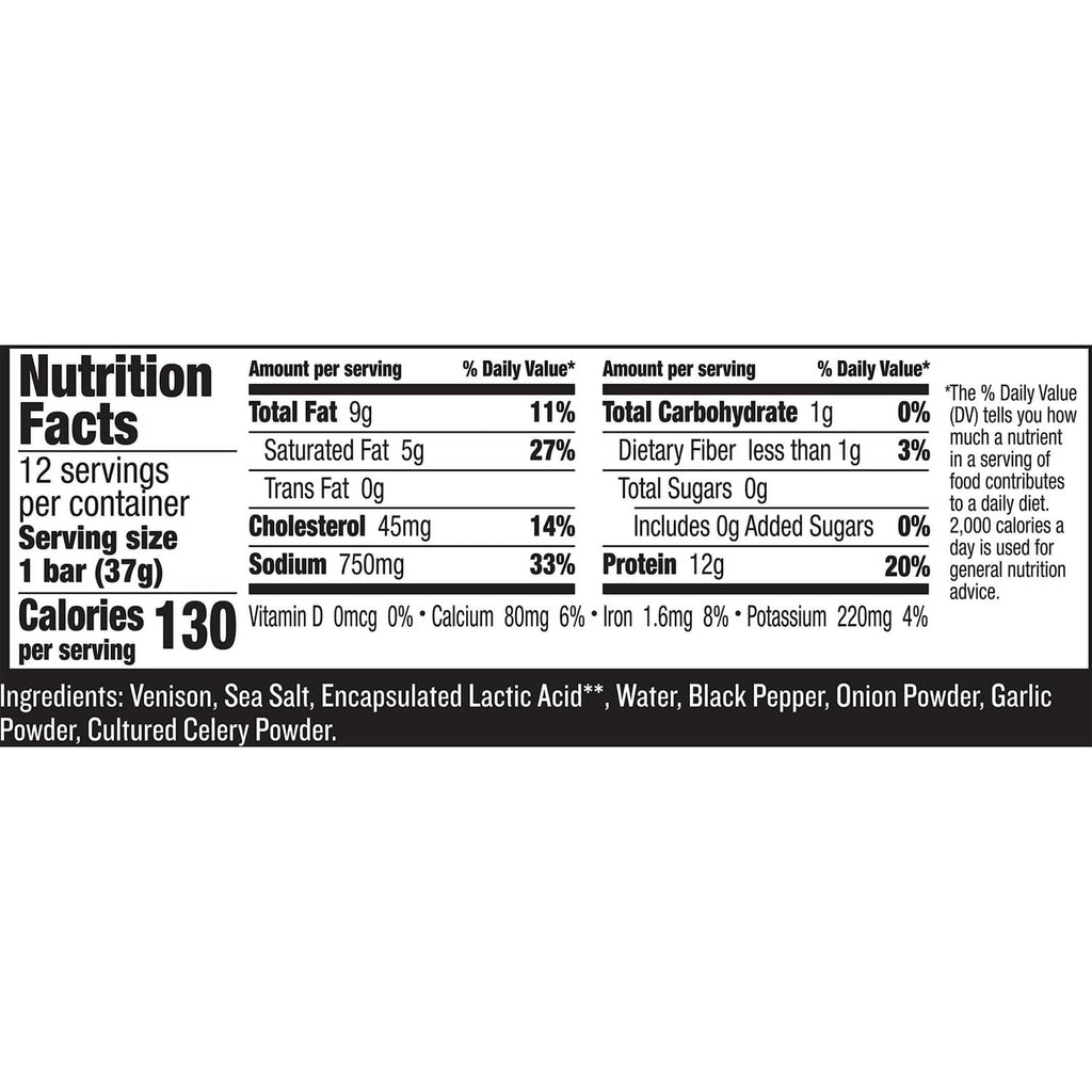 Nutrition facts label for Epic Venison Sea Salt + Pepper Bar, 12g protein