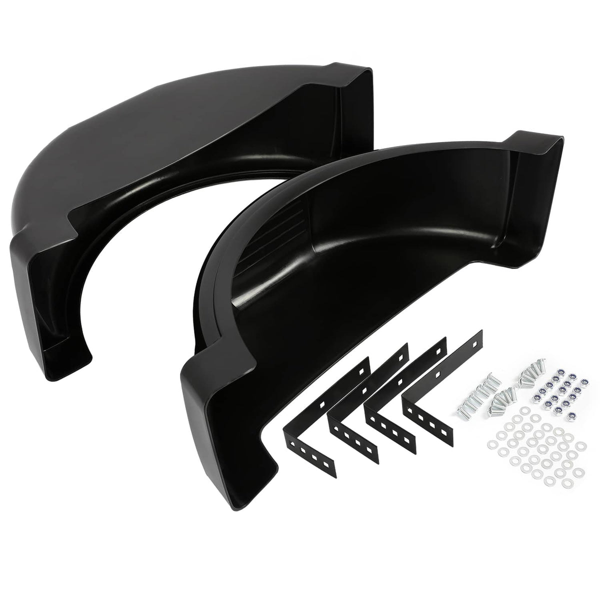 Black trailer fender pair with metal brackets and included fasteners