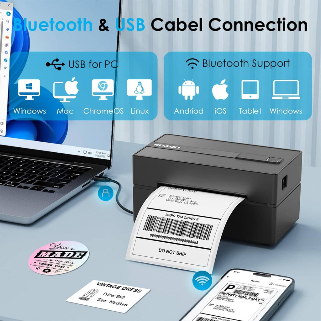 Bluetooth and USB thermal label printer with 4x6 shipping label and connected devices