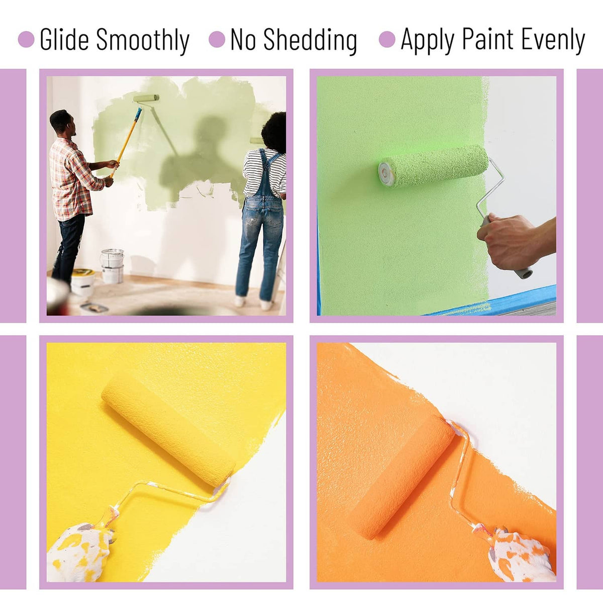 Paint roller cover rolling paint on a wall, white foam with yellow stripe