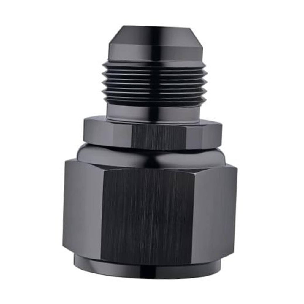 Black AN swivel-to-flare fitting adapter with hex flats and external threads, close-up
