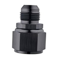Black AN swivel-to-flare fitting adapter with hex flats and external threads, close-up