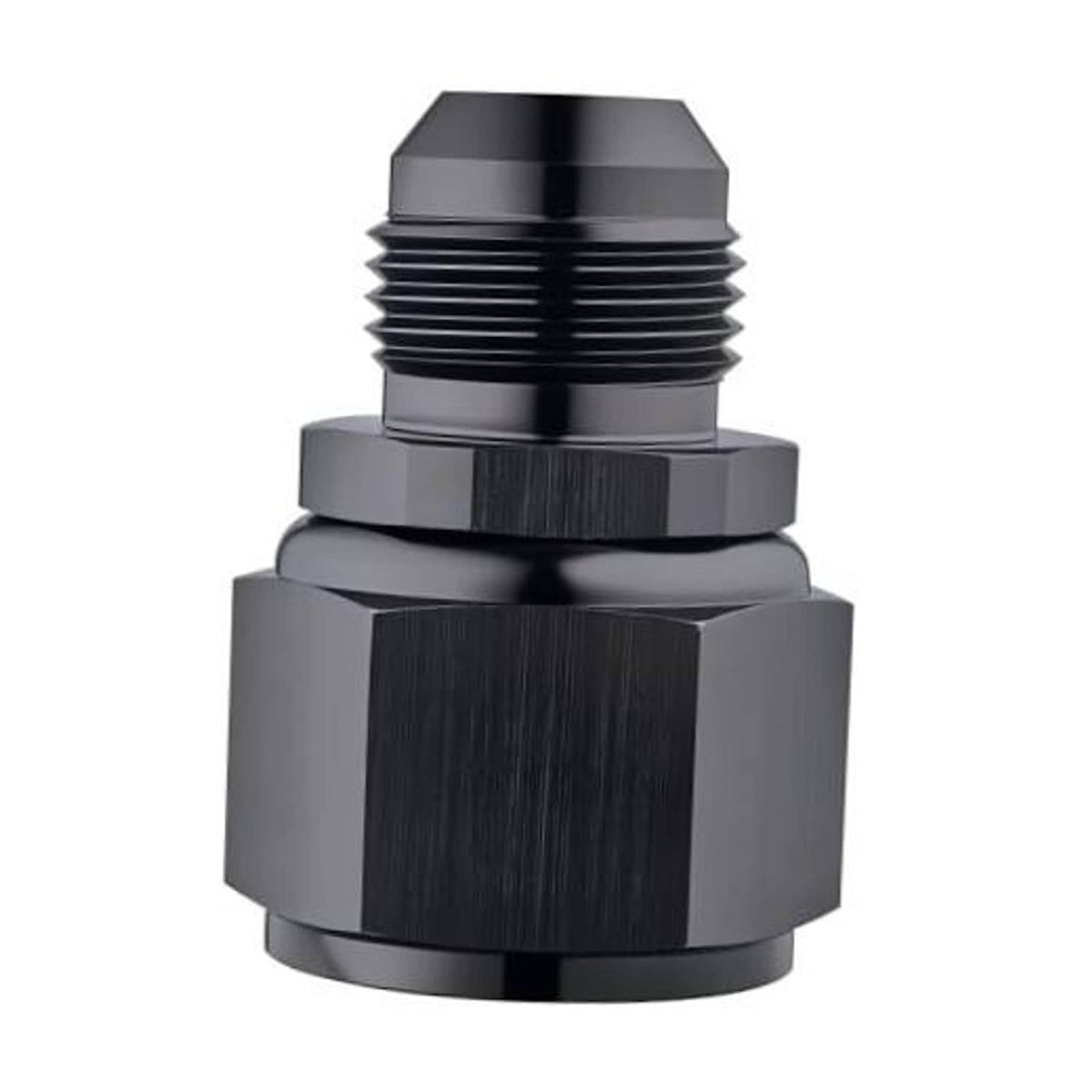 Black AN swivel-to-flare fitting adapter with hex flats and external threads, close-up