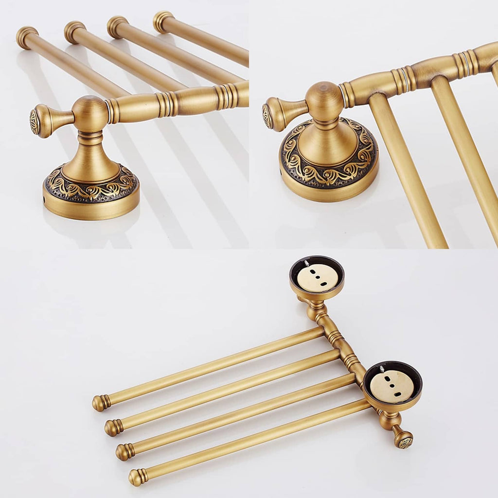 Wall-mounted 4-bar towel rack set in antique bronze with decorative curved wall bases.