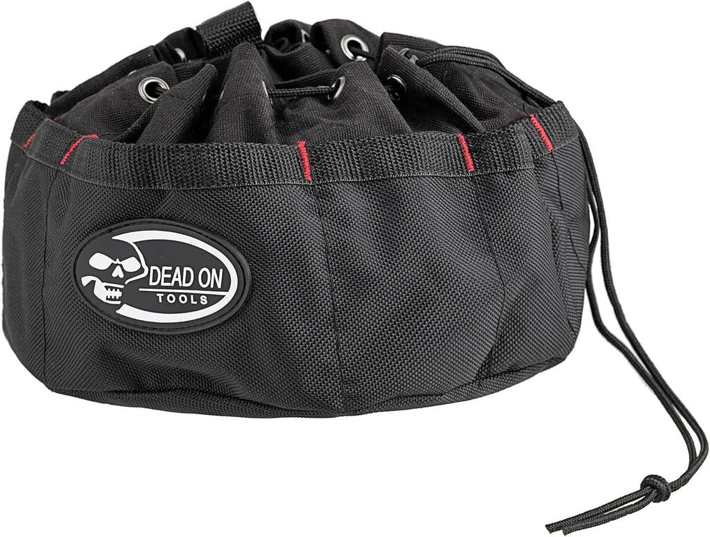 Black parachute bag side view with DEAD ON TOOLS oval logo and cord ends