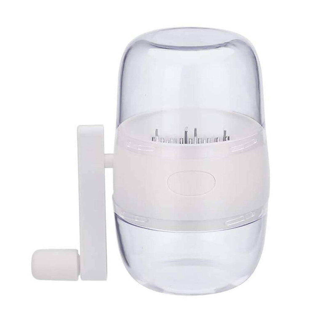 Portable manual nut chopper with clear plastic cup and white crank handle