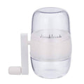 Portable manual nut chopper with clear plastic cup and white crank handle