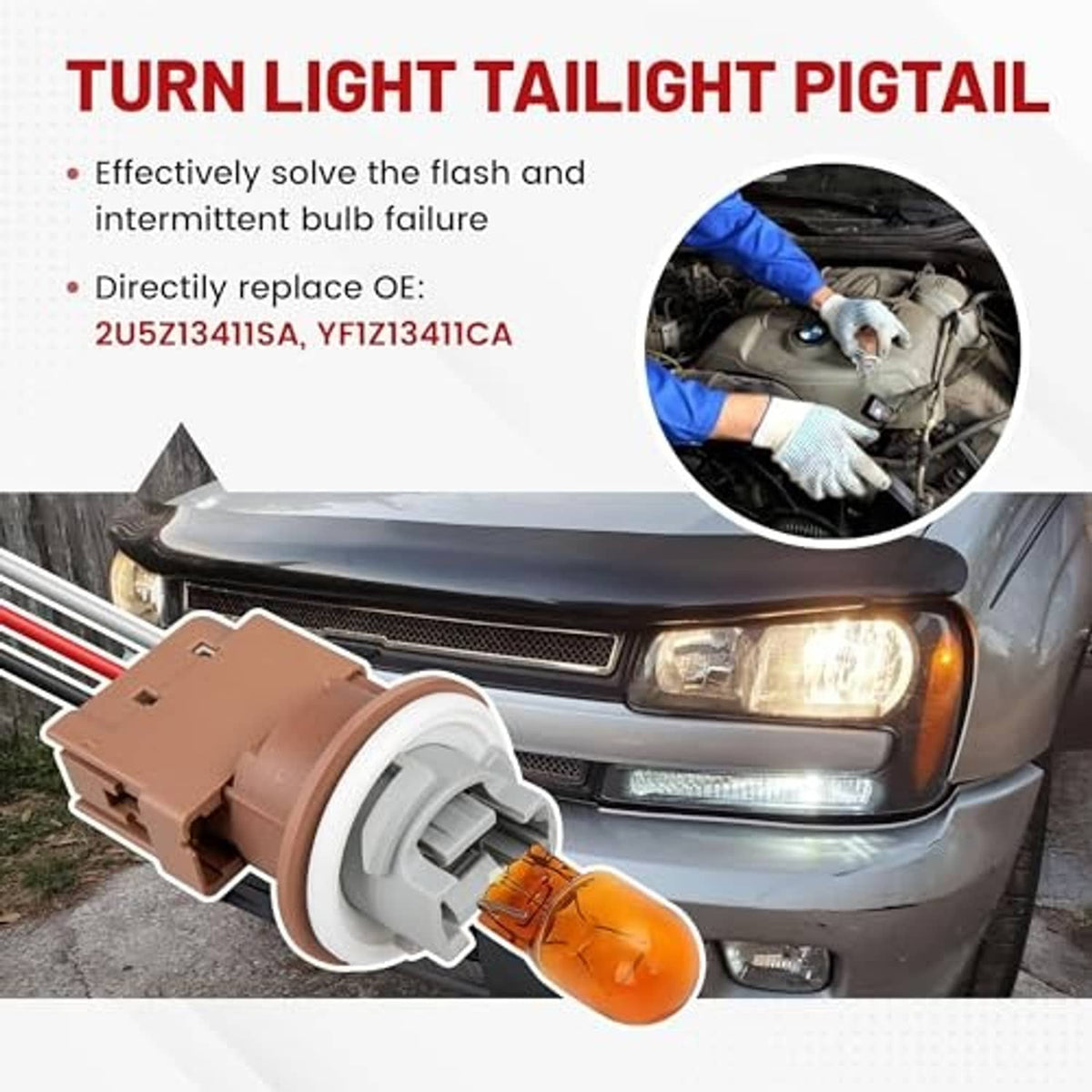 Turn signal light socket with wiring pigtail and amber bulb, shown near tail lamp