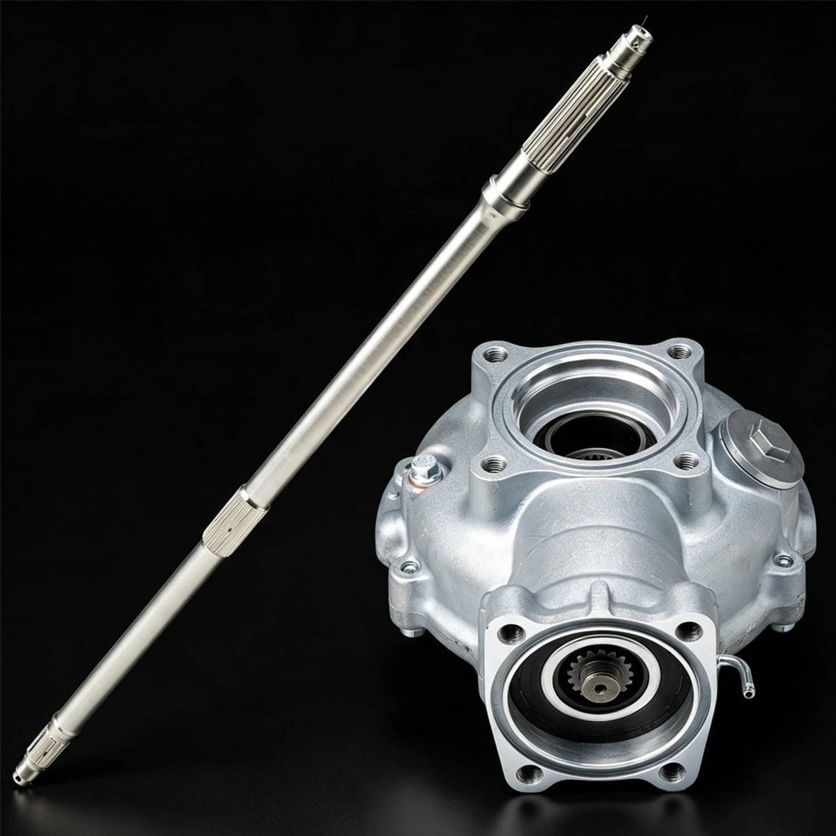 Axle shaft with differential housing and circular bearing openings, silver metal