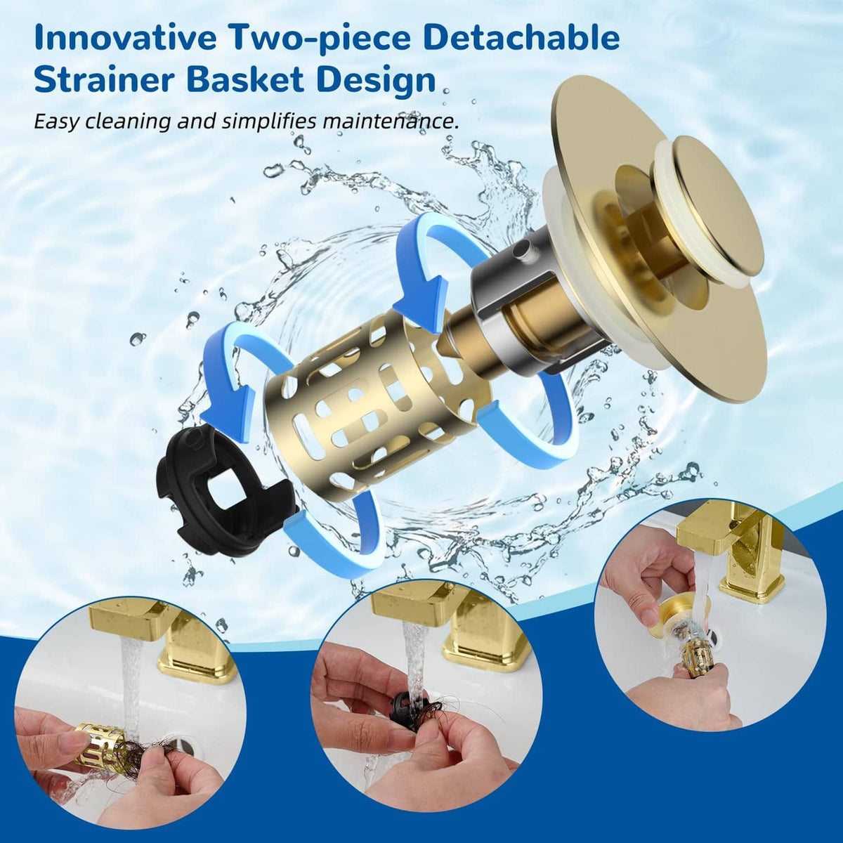 Brushed gold two-piece detachable sink strainer basket with removable core insert