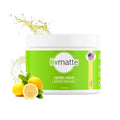 Yerba mate instant tea powder tub with green label and lemon accents, white lid