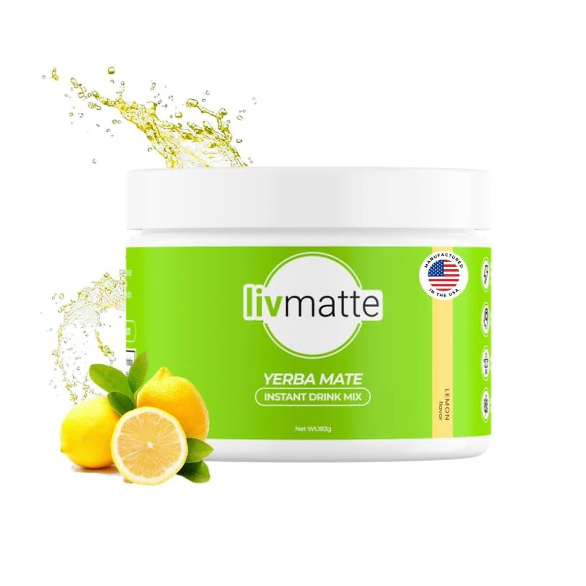 Yerba mate instant tea powder tub with green label and lemon accents, white lid
