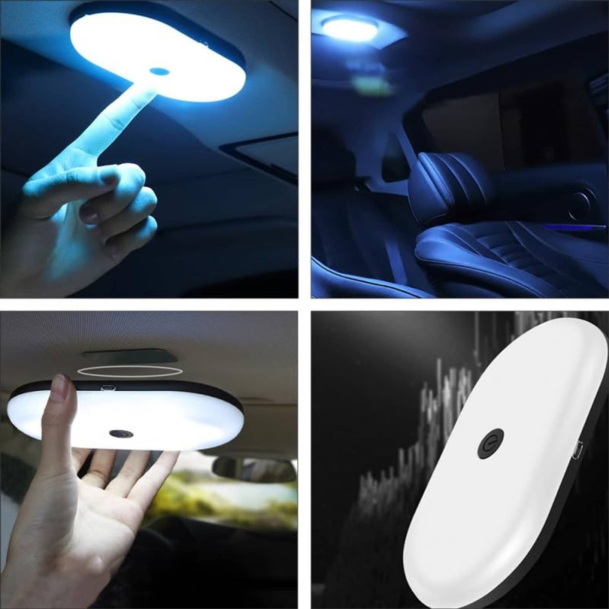 Magnetic LED car dome lamp with touch pad, glowing in car ceiling