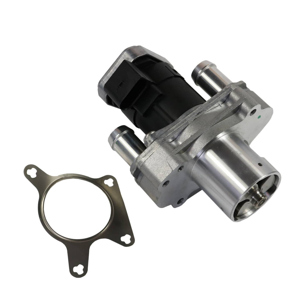 EGR valve with silver ports and black sensor housing, plus mounting gasket