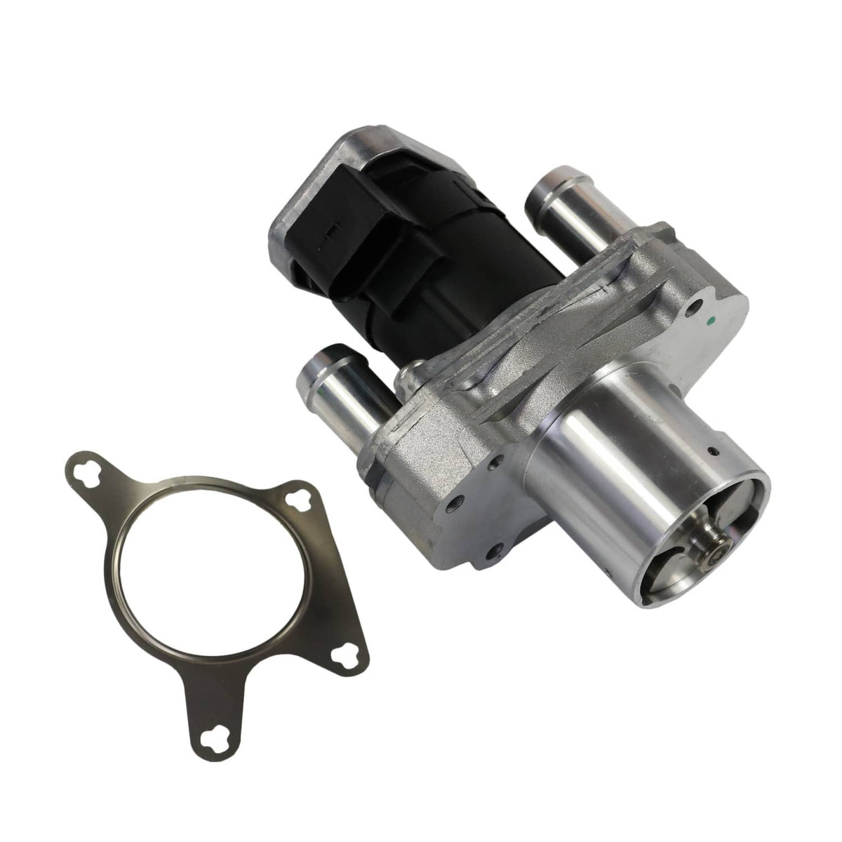 EGR valve with silver ports and black sensor housing, plus mounting gasket