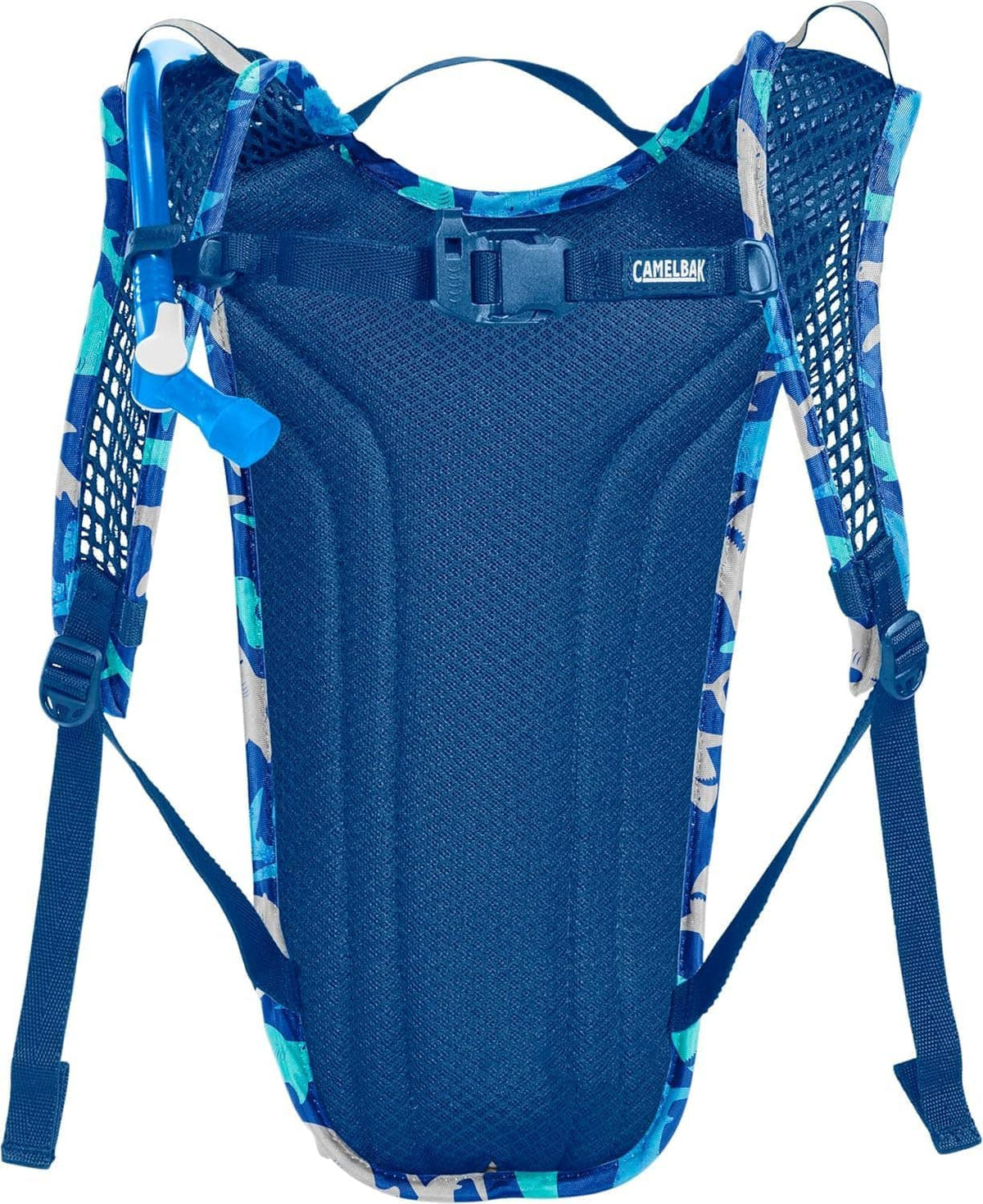 Kids hydration backpack by Camelbak, back view, blue mesh panel and adjustable shoulder straps