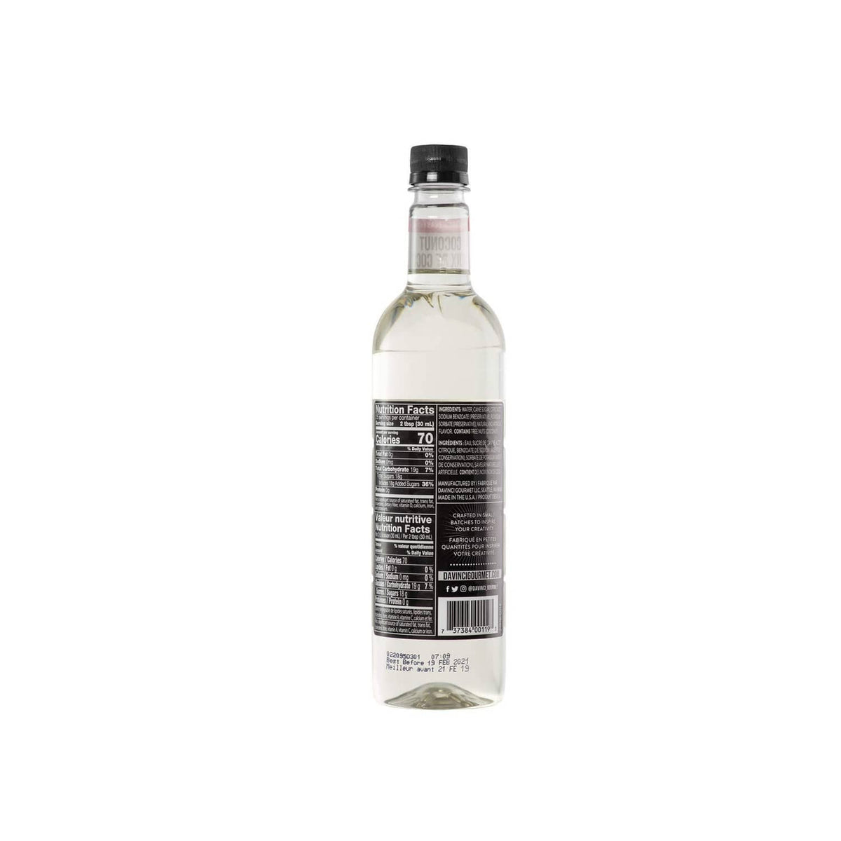 DaVinci Gourmet coconut syrup bottle back label with nutrition information