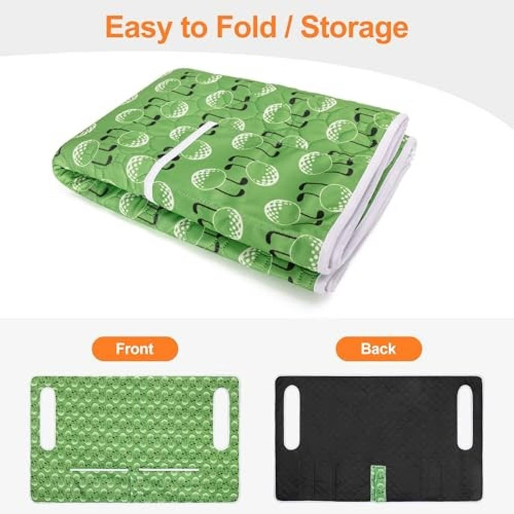 Folded green golf cart seat cover blanket with golf ball pattern for easy storage