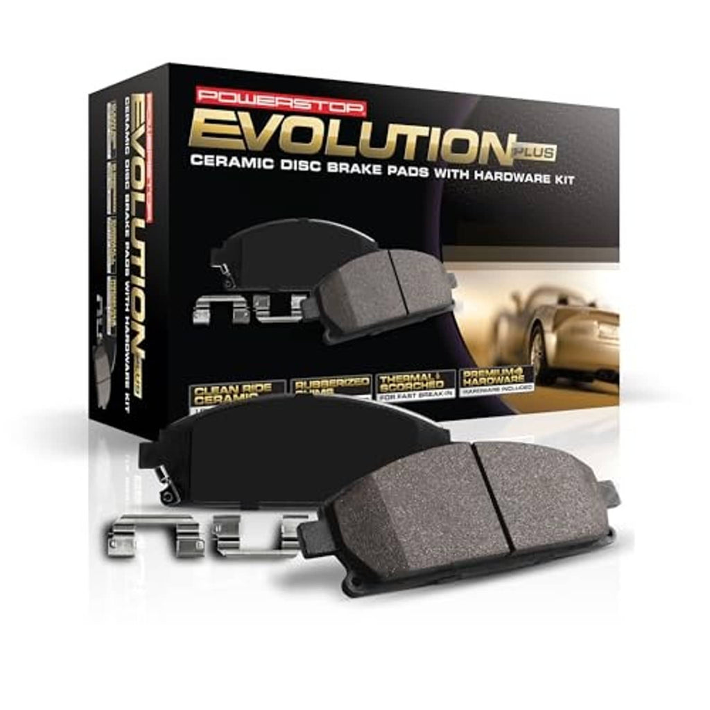 PowerStop Evolution Plus front ceramic disc brake pads box with two gray pad sets