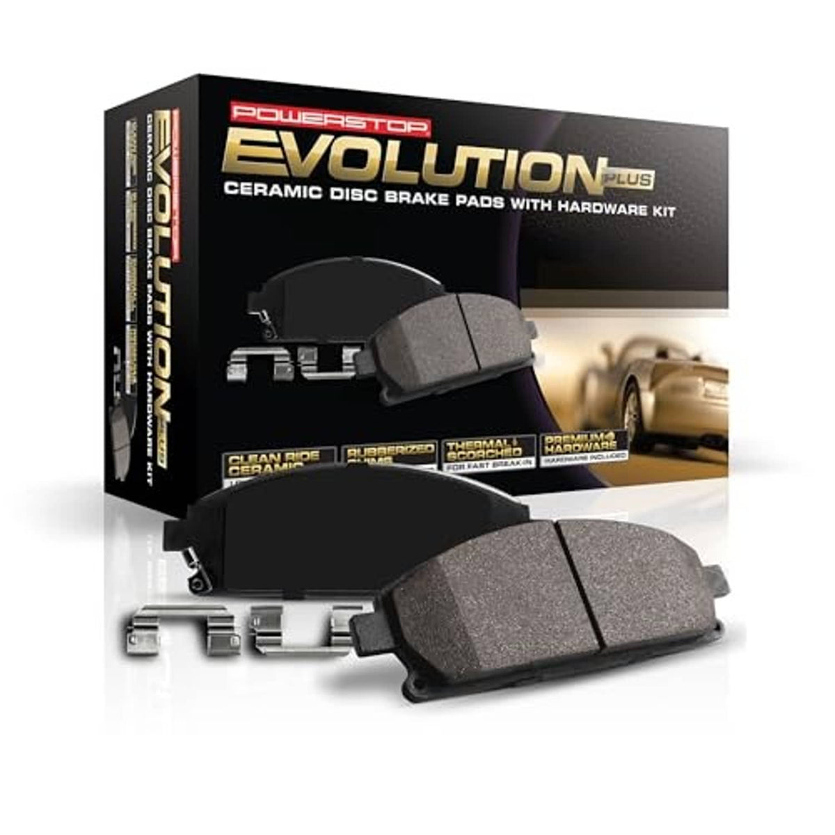 PowerStop Evolution Plus front ceramic disc brake pads box with two gray pad sets