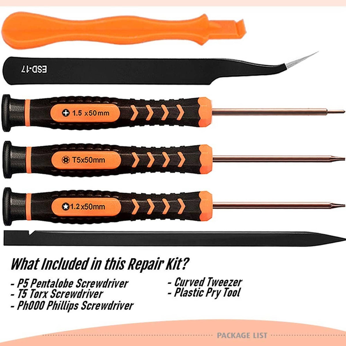 Repair kit with orange plastic pry tool, curved tweezers, and three orange-handled screwdrivers