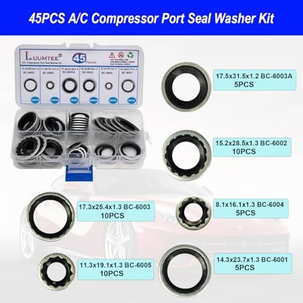 45-piece A/C compressor port seal washer kit with multiple black and silver sealing rings