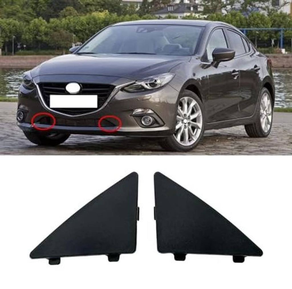 Two-piece dark front bumper lower grille filler inserts, triangular with tab mounting