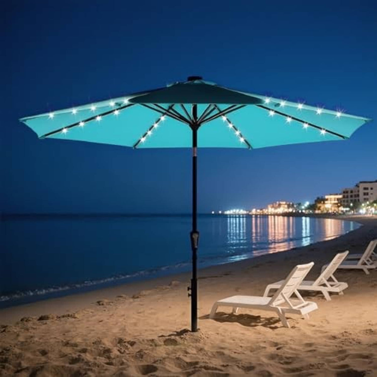 Turquoise beach umbrella with LED lights radiating from the top hub and pole