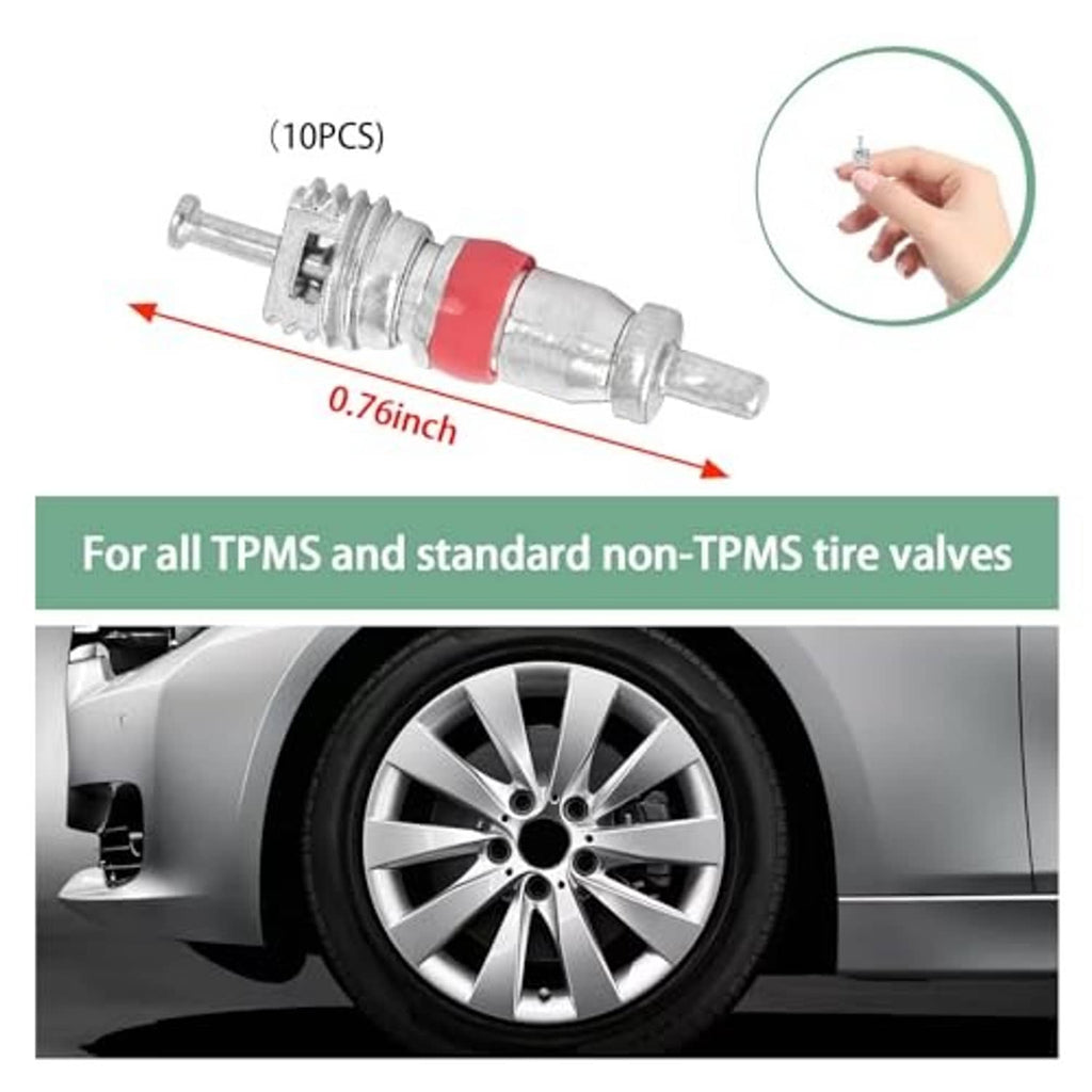 Single TPMS tire valve stem core with red sealing ring and silver metal body