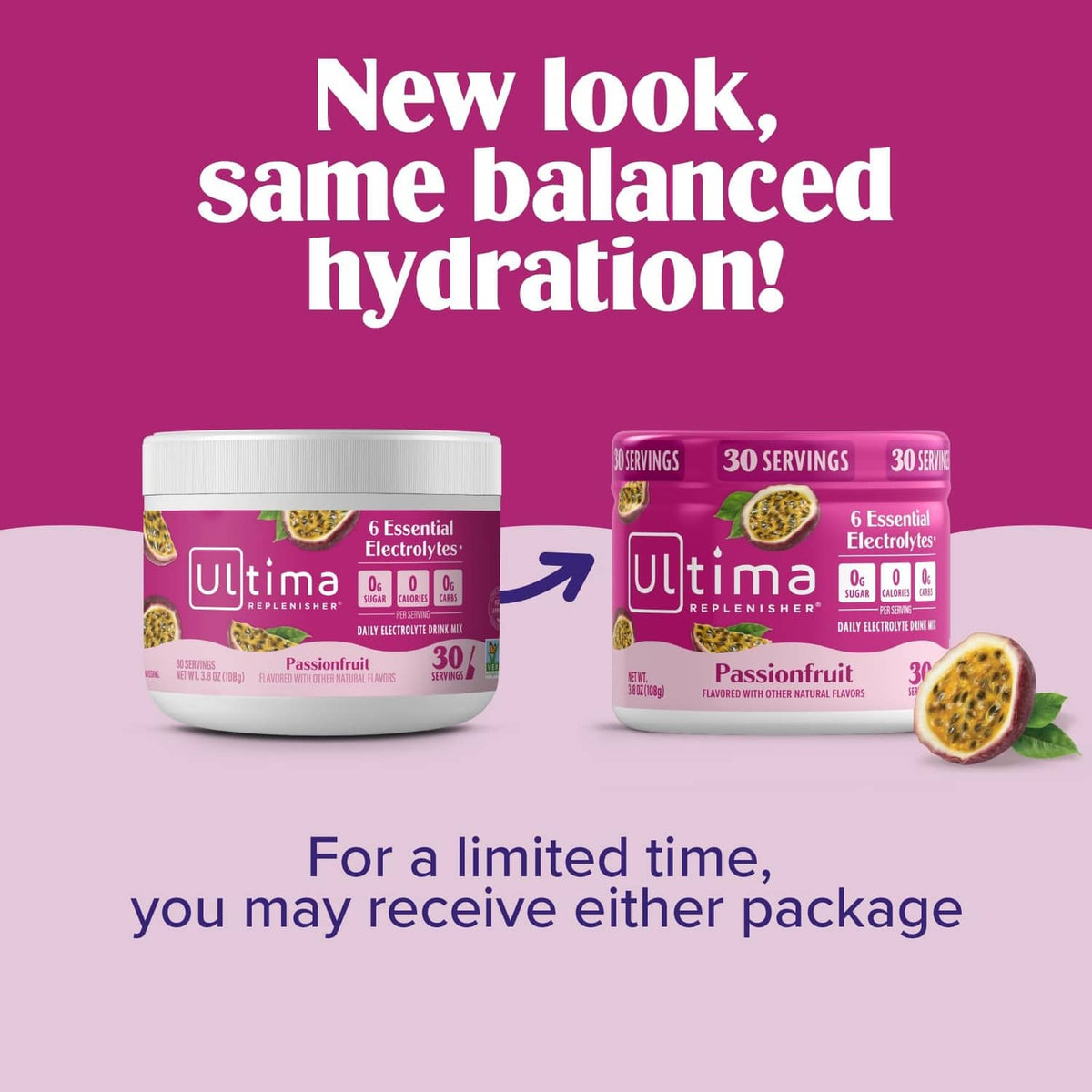 Passionfruit electrolyte powder tub with smaller pack and arrow graphic