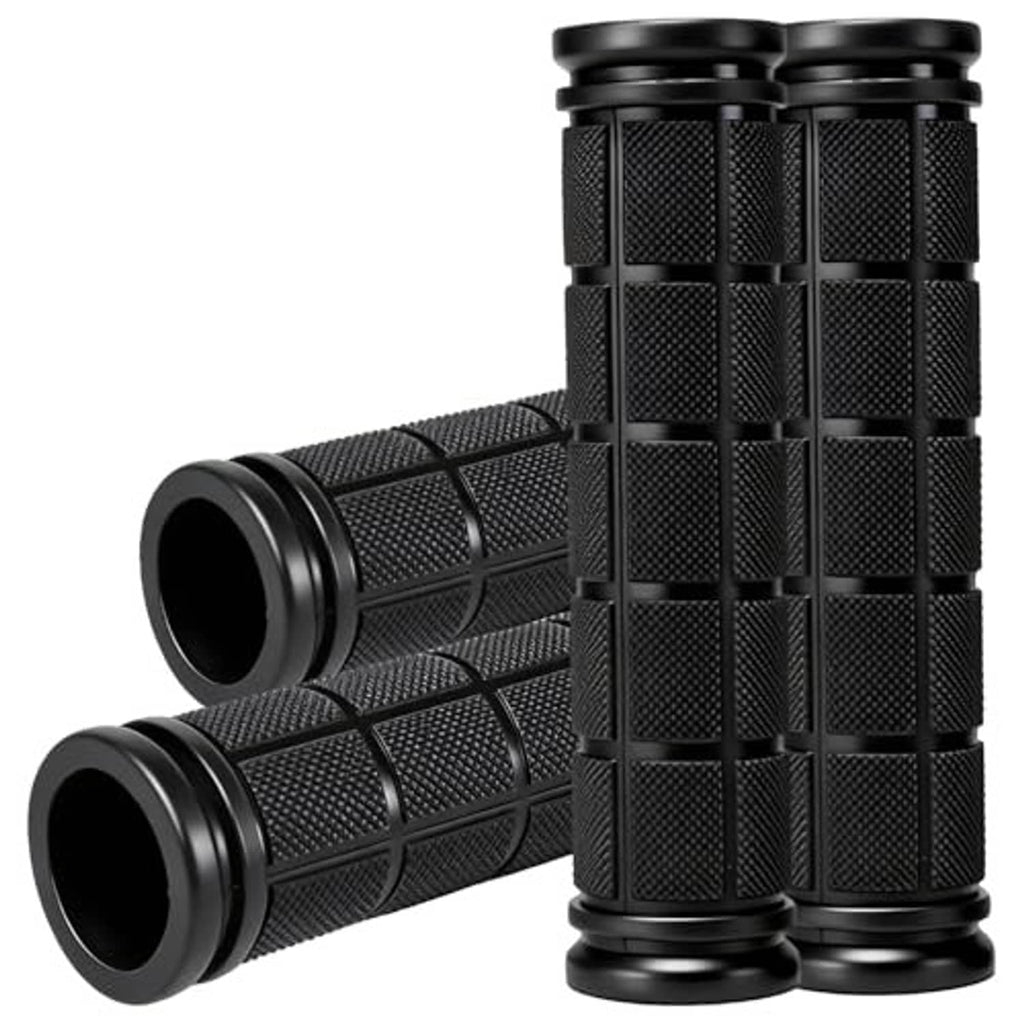 Four black rubber bicycle grips with raised square grid texture and ridged end sleeves