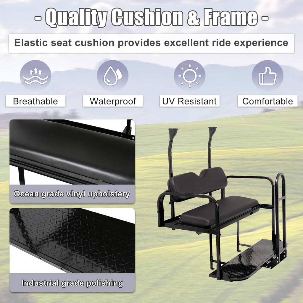 Black rear flip seat kit with cushioned seat and backrests and textured platform step