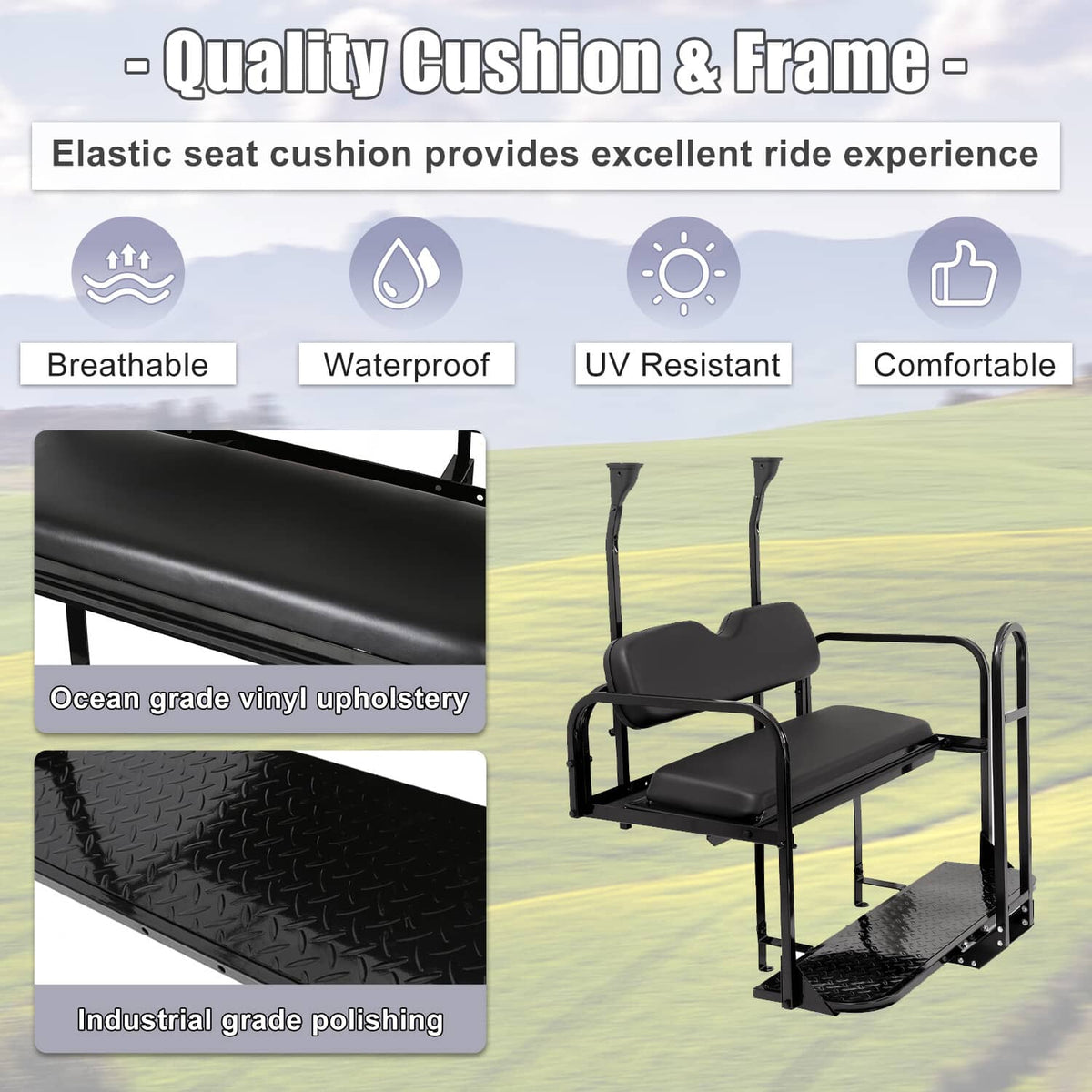 Black rear flip seat kit with cushioned seat and backrests and textured platform step