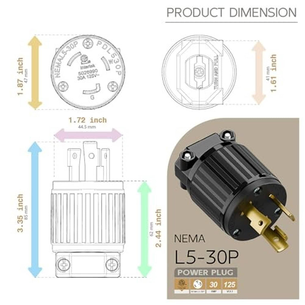 Nema L5-30P power plug connector, black ribbed housing with gold prongs