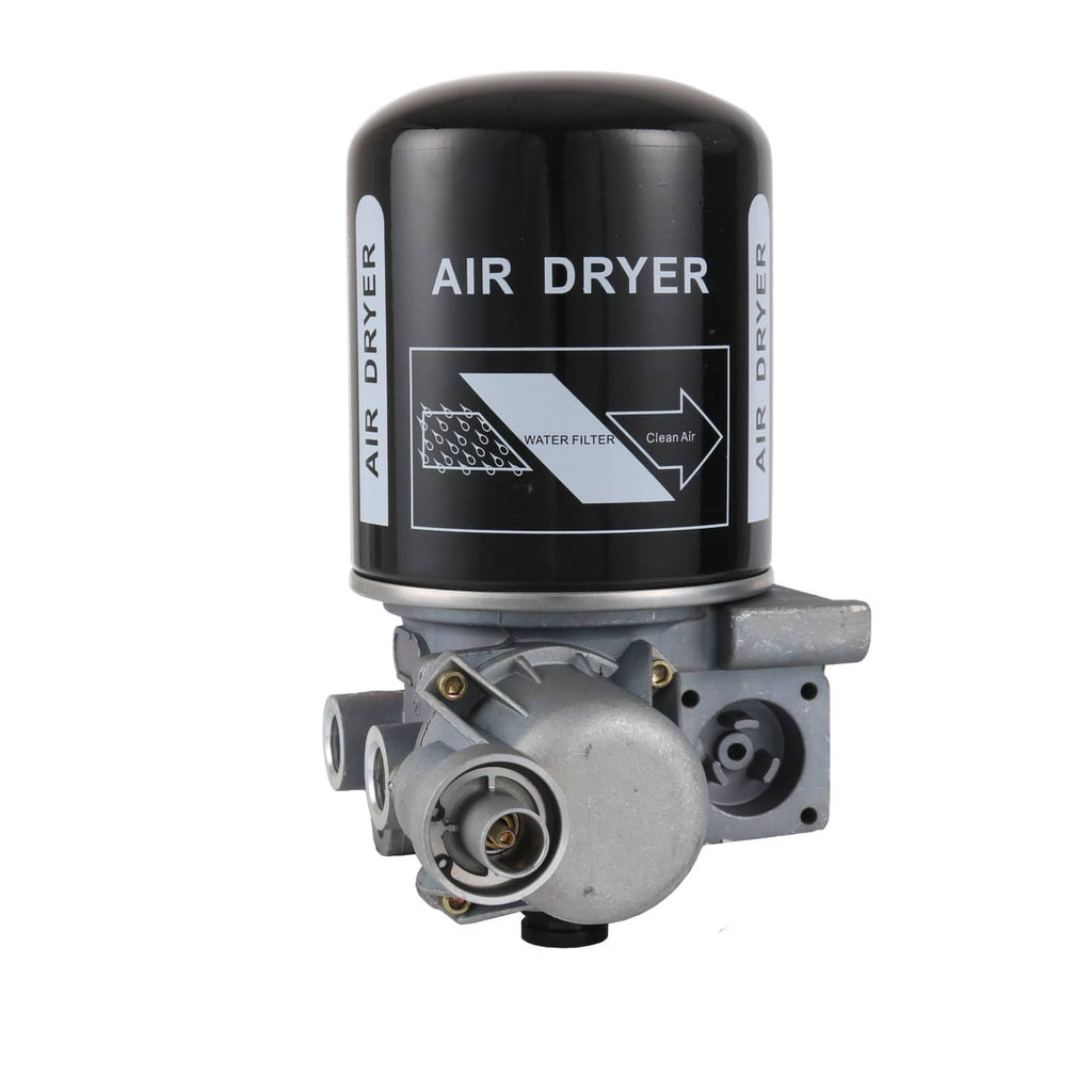 Air dryer with black canister showing filter graphic and gray base valves