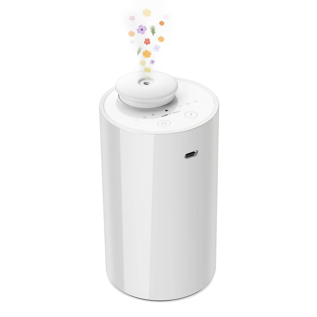 Waterless essential oil diffuser, white cylindrical body with round top and nozzle opening