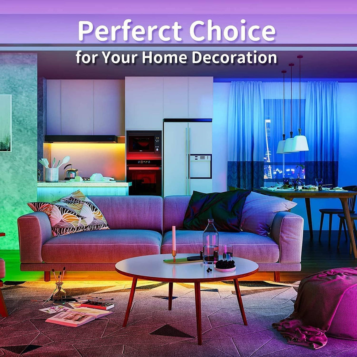 RGB LED strip lights for home decoration with multicolor ambient illumination