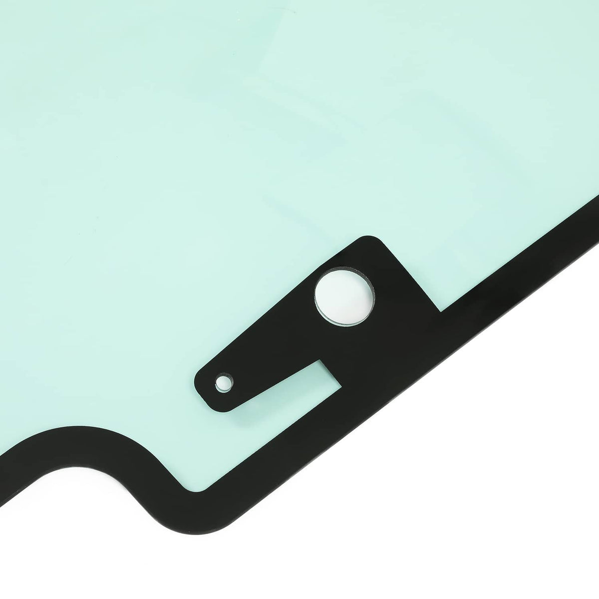 Door glass mounting bracket detail with black hardware on tinted light green panel