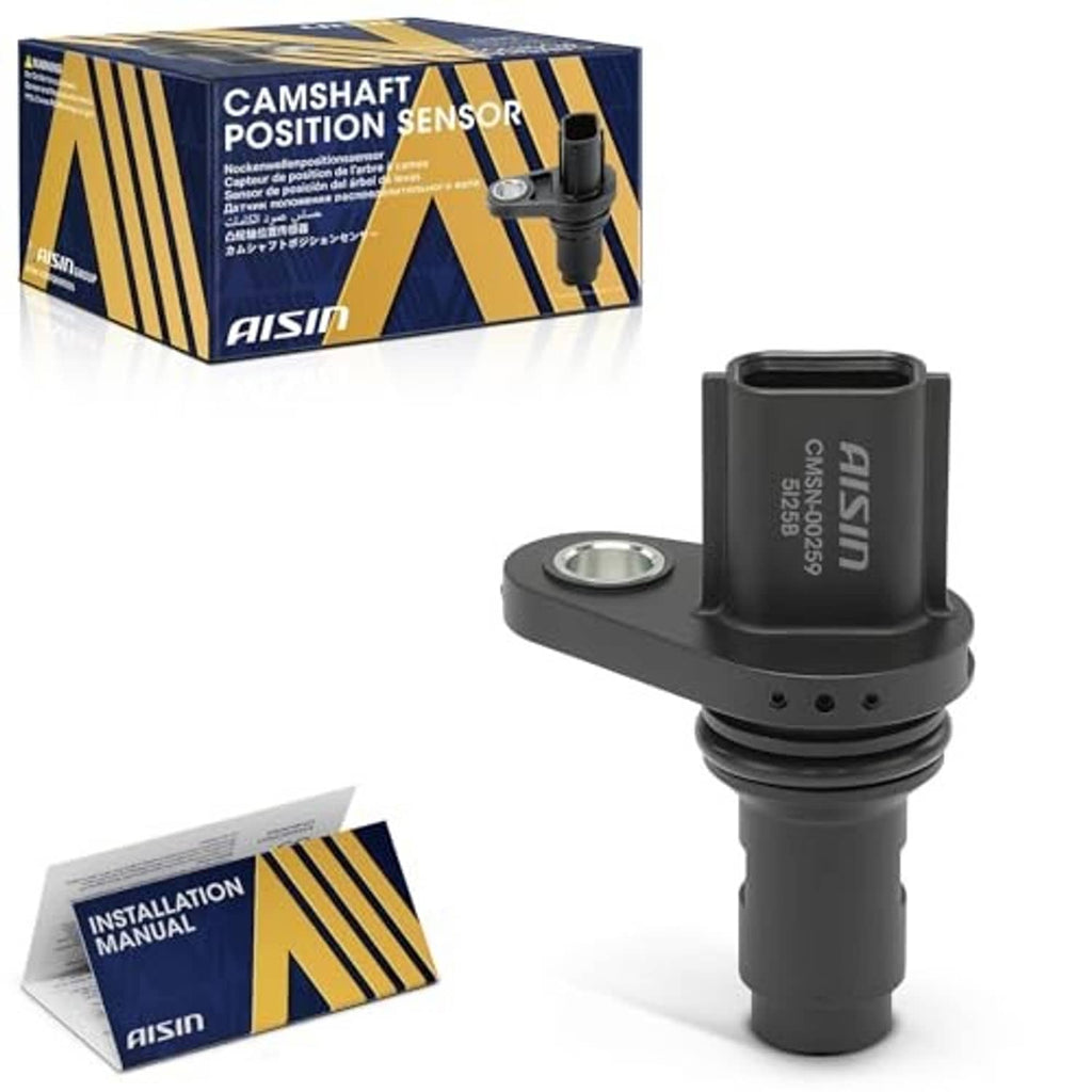 Camshaft position sensor with black housing and metal mounting surface, Aisin logo