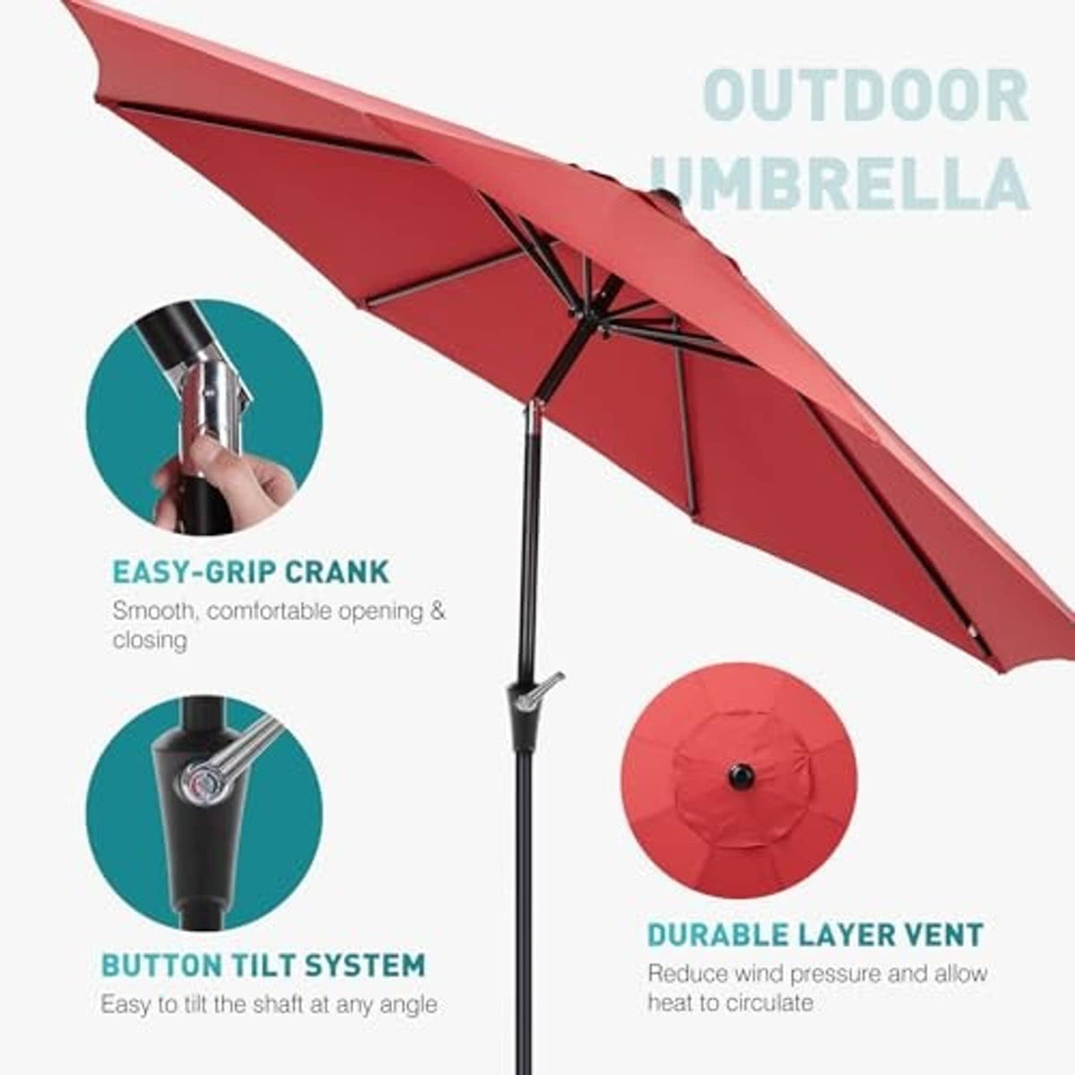 Dark red umbrella canopy showing vent panels and center pole mechanism