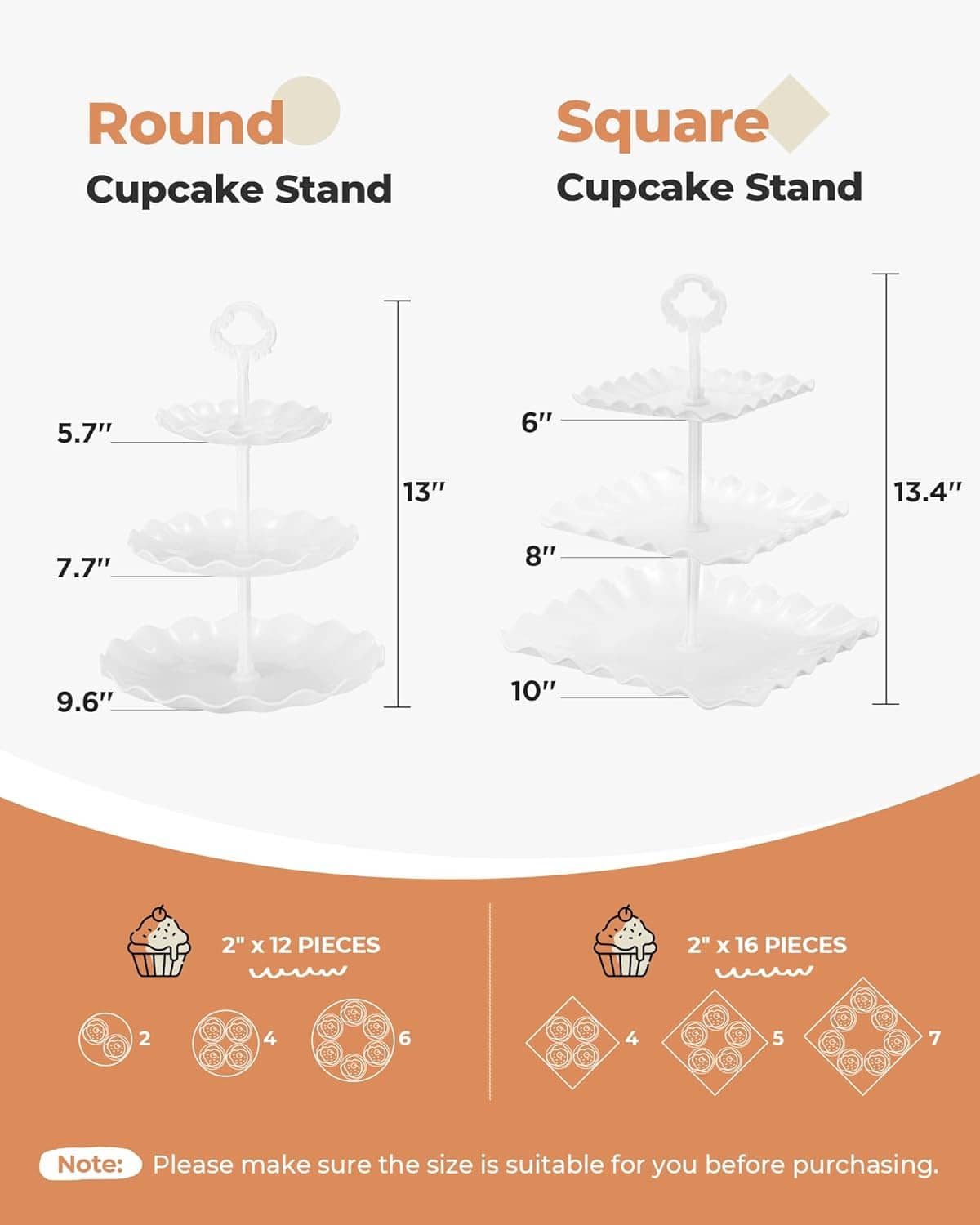 Cupcake stand size chart showing round and square stand dimensions