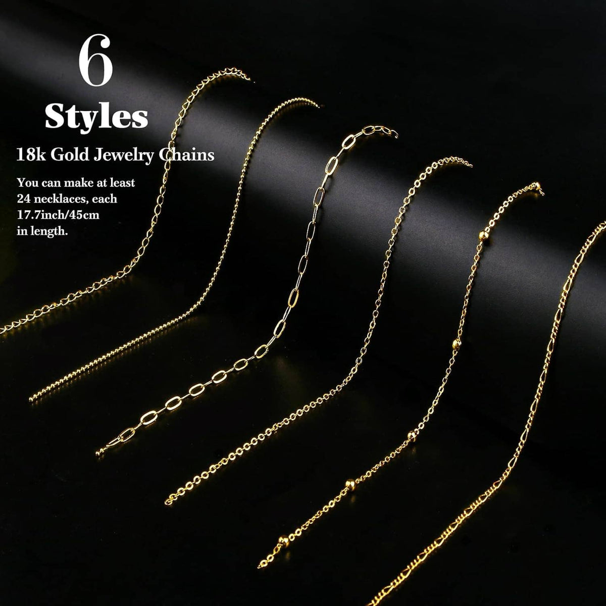 Gold link jewelry chains in multiple styles arranged in parallel rows