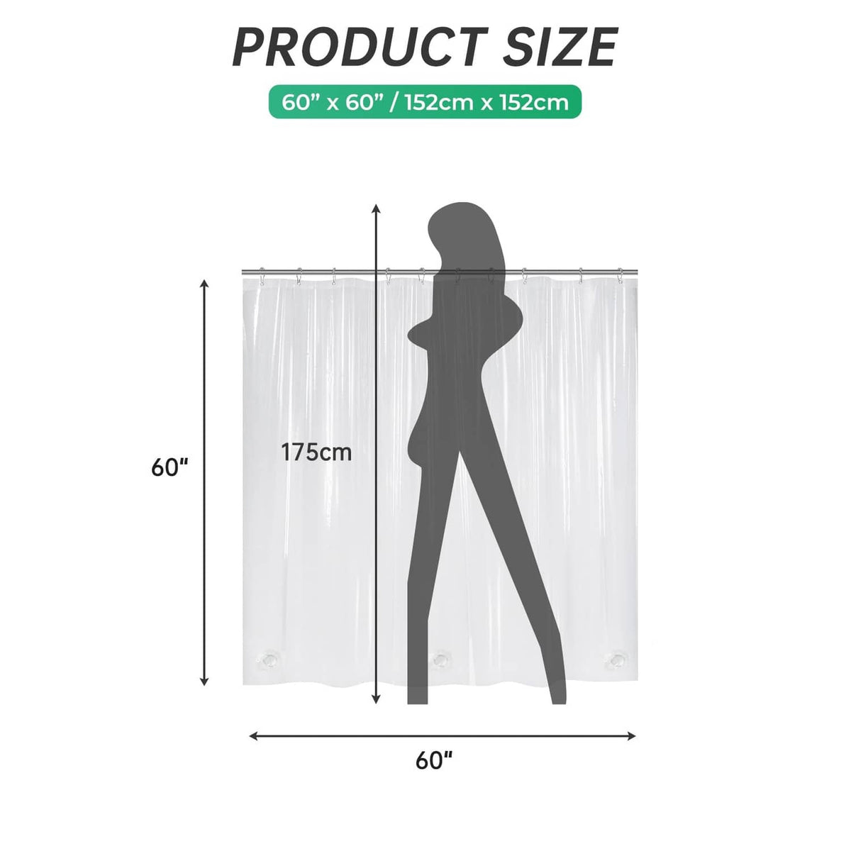 Shower curtain size diagram showing 60 in by 60 in dimensions.