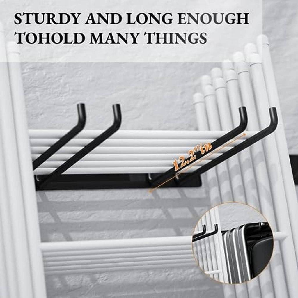 Wall-mounted folding chair storage rack with curved black hooks and vertical bars